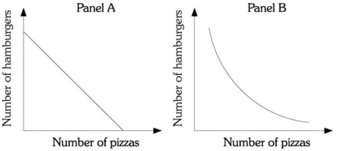 Refer to the information provided in Figure 6.13 below to answer the question(s)  that follow.     Figure 6.13 -Refer to Figure 6.13. Assume Megan has two products available, pizza and hamburgers. Megan must be compensated with more hamburgers as she gives up more pizzas. The curve in Panel ________ represents her indifference curve. A)  A B)  B C)  C D)  D