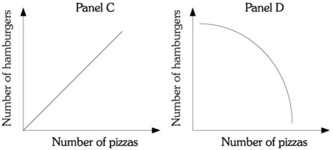 Refer to the information provided in Figure 6.13 below to answer the question(s)  that follow.     Figure 6.13 -Refer to Figure 6.13. Assume Megan has two products available, pizza and hamburgers. Megan must be compensated with more hamburgers as she gives up more pizzas. The curve in Panel ________ represents her indifference curve. A)  A B)  B C)  C D)  D