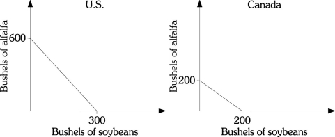 Refer to the information provided in Figure 20.1 below to answer the question(s)  that follow.   Figure 20.1 -Refer to Figure 20.1. The opportunity cost of producing a bushel of alfalfa in the United States is A)  twice as much as that in Canada. B)  half as much as that in Canada. C)  the same as that in Canada. D)  four times as much as that in Canada.