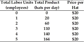 Refer to the data provided in Table 10.3 below to answer the following question(s) . Table 10.3   -Refer to Table 10.3. If workers are paid $600 per day, then the firm is profit maximizing when it hires ________ workers. A)  two B)  three C)  four D)  five