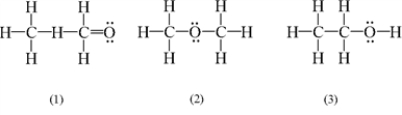 Which of the following are possible Lewis structures for a molecule with the formula C<sub>2</sub>H<sub>6</sub>O?   A)  1 B)  2 C)  3 D)  2 and 3 E)  1, 2, and 3
