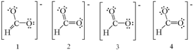 Which of the following are the correct resonance structures for the formate ion, HCO<sub>2</sub><sup>-</sup>?   A)  1 and 2 B)  2 and 3 C)  3 and 4 D)  1, 3, and 4 E)  2, 3, and 4