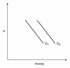 (Figure: Predicting Demand Shifts 2)  What would cause a shift from D<sub>1</sub> to D<sub>2</sub>?   A)  a decrease in the price of honey B)  a new virus that reduces the bee population C)  a new study that shows that honey cures cancer D)  a decrease in population