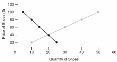 (Figure: Supply and Demand for Shoes)  If the price of shoes is $40, then the market:   A)  is in equilibrium. B)  experiences a shortage of shoes. C)  experiences a surplus of shoes. D)  There is not enough information to answer this question.