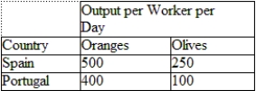 Using the productivity rates for Spain and Portugal, which statement is TRUE?   A)  Spain has a comparative advantage in olives. B)  Portugal has a comparative advantage in olives. C)  Both Portugal and Spain have a comparative advantage in oranges. D)  Both Spain and Portugal have a comparative advantage in olives.