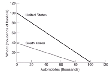 (Figure: Wheat and Autos in the United States and South Korea)  According to the graph:   A)  the United States should import cars and export wheat. B)  the United States should produce both products because it has an absolute advantage in both. C)  the United States should export cars and import wheat. D)  South Korea should produce neither product because it does not possess an absolute advantage in either.