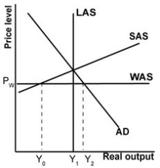 In the graph shown, a downward shift in the SAS curve:   A) raises domestic consumption, because domestic producers produce more. B) raises the trade deficit, because domestic producers are more competitive. C) raises domestic production, because input prices have fallen. D) lowers globalized potential output, because domestic producers are more competitive.