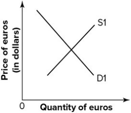 Refer to the graph shown. An increase in U.S. income would shift: A) S<sub>1</sub> left and cause the euro to gain value. B) S<sub>1</sub> right and cause the euro to lose value. C) D<sub>1</sub> right and cause the euro to gain value. D) D<sub>1</sub> left and cause the euro to lose value.
