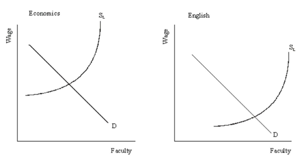 You have been asked to evaluate the pay of English Professors and Economics Professors at a small liberal arts college.The college's personnel department has generated some supply and demand information from similar colleges,which is presented in the diagrams below.   (a)Illustrate a market-based pay scale for each type of professor. (b)Illustrate a pay scale based upon the principle that  a faculty member is a faculty member: they are all teachers,the only difference is the subject that they teach.They should receive equal pay for equal work.  (c)Describe what difficulty the college might have in its recruiting process if it follows the pay system in (b)rather than that in (a).