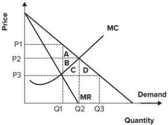 Refer to the graph shown. If a price control is used to eliminate deadweight loss, the new price and quantity in this market will be:   A) P<sub>1</sub> and Q<sub>1</sub>, respectively. B) P<sub>2</sub> and Q<sub>1</sub>, respectively. C) P<sub>2</sub> and Q<sub>2</sub>, respectively. D) P<sub>3</sub> and Q<sub>3</sub>, respectively.