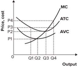 Refer to the graph shown. If the market price is P<sub>2</sub>, the firm will produce:   A) Q<sub>2</sub> and incur a loss. B) Q<sub>3</sub> and earn a profit. C) Q<sub>3</sub> and break even. D) Q<sub>4</sub> and incur a loss.