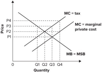 Refer to the following graph.   Assuming a marginal cost external to the trade equals the tax shown in the graph, the market price necessary to induce consumers to purchase the efficient quantity each year is: A) P<sub>1</sub>. B) P<sub>2</sub>. C) P<sub>3</sub>. D) P<sub>4</sub>.