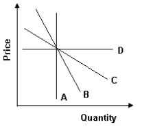 Refer to the following graph.   The demand curve with the greatest elasticity is: A) A. B) B. C) C. D) D.