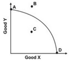 Refer to the graph below.   If the production possibility curve shifts along the Good Y axis, which point will remain as a point of efficiency? A) A B) B C) C D) D