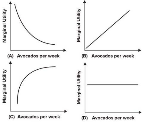 Refer to the following figure.   Geri likes avocados; each additional avocado she consumes adds as much to her total utility as did the previous one. Which of the four graphs best represents Geri's marginal utility curve for avocados? A)  A B)  B C)  C D)  D
