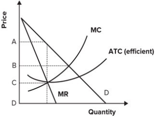 Refer to the following graph.   A monopolist's inefficiency per unit of output at the profit-maximizing level of output is limited to cost per unit: A)  A minus B. B)  B minus C. C)  A minus C. D)  C.