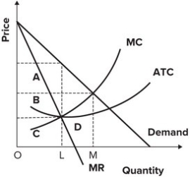 Refer to the following graph.   Suppose this diagram represents a monopolist with a patent. What is the maximum the monopolist would be willing to spend to defend its patent? A)  Area A B)  Area B C)  Area A and B D)  Area D