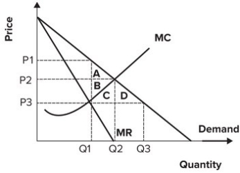 Refer to the graph shown. If the government's goal is to eliminate the welfare costs of monopoly, it will:   A)  establish a price ceiling at P<sub>3</sub>. B)  establish a price ceiling at P<sub>2</sub>. C)  establish a price floor at P<sub>1</sub>. D)  not attempt to control price.