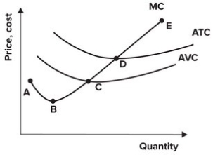 Refer to the graph shown. A perfectly competitive firm would never operate if the price dropped to which segment of the marginal cost curve?   A)  AC. B)  CD. C)  DE. D)  CE.