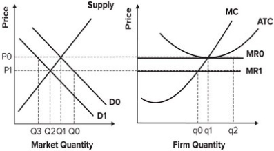 Refer to the graphs shown, which depict a perfectly competitive market and firm. If market demand is D<sub>0</sub>, the:   A)  firm shown in the graph will produce q<sub>0</sub>, but all of the firms in the market will produce a total of Q<sub>0</sub>. B)  firm shown in the graph will produce q<sub>1</sub>, but all of the firms in the market will produce a total of Q<sub>1</sub>. C)  output of the firm shown in the graph is the same as quantity supplied in the market. D)  firm is not producing where profit is maximized.