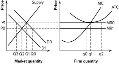Refer to the graphs shown, which depict a perfectly competitive market and firm. If market demand decreases from D<sub>0</sub> to D<sub>1</sub>:   A)  market price falls from P<sub>0</sub> to P<sub>1</sub> and the firm's output rises from q<sub>0</sub> to q<sub>1</sub>. B)  market price falls from P<sub>0</sub> to P<sub>1</sub> and the firm's output falls from q<sub>1</sub> to q<sub>0</sub>. C)  market price remains at P<sub>0</sub> because perfectly competitive firms can't earn positive economic profit. D)  the firm's output remains at q<sub>1</sub> because perfectly competitive firms can't earn positive economic profit.