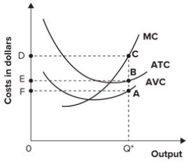 Refer to the graph shown. The line segment that represents average total costs of producing Q* is:   A)  AQ*. B)  BQ*. C)  CQ*. D)  AB.