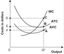Refer to the graph shown. The line segment that represents average variable costs of producing Q* is:   A)  AQ*. B)  BQ*. C)  CQ*. D)  AB.