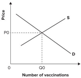 Refer to the graph shown, which shows the demand and supply for a new vaccine against the common cold. Once vaccinated, a person cannot catch a cold or give a cold to someone else. The socially efficient level of output is:   A)  less than Q<sub>0</sub>. B)  greater than or less than Q<sub>0</sub> depending on the income elasticity of demand and the effectiveness of the vaccine. C)  greater than Q<sub>0</sub>. D)  equal to Q<sub>0</sub>.