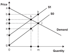 Refer to the graph shown. Assume the market is initially in equilibrium at point j in the graph but the imposition of a per-unit tax on this product shifts the supply curve up from S<sub>0</sub> to S<sub>1</sub>. The amount of revenue the government will collect from this tax is equal to the area of:   A)  rectangle chie. B)  triangle ach. C)  triangle egi. D)  rectangle bkjd.