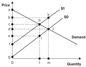Refer to the graph shown. Assume the market is initially in equilibrium at point j in the graph but the imposition of a per-unit tax on this product shifts the supply curve up from S<sub>0</sub> to S<sub>1</sub>. The lost consumer surplus of this tax is equal to the area:   A)  cdjh. B)  deij. C)  hji. D)  cehi.