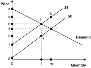 Refer to the graph shown. Assume the market is initially in equilibrium at point j in the graph but the imposition of a per-unit tax on this product shifts the supply curve up from S<sub>0</sub> to S<sub>1</sub>. The lost producer surplus of this tax is equal to the area:   A)  cdjh. B)  deij. C)  hji. D)  khj.