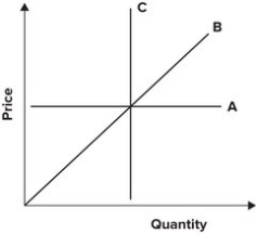 Refer to the graph shown. Which of the following curves demonstrates a perfectly elastic demand curve?   A)  A B)  B C)  C D)  None of the curves
