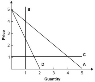 Refer to the following graph.   Which of the following curves demonstrates a unit elastic demand curve? (That is, a curve where elasticity is 1 at each point.)  A)  A B)  B C)  C D)  None of the answers is correct.