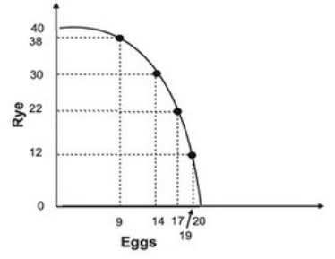 Refer to the graph below.   The graph indicates that as more eggs are produced, the marginal opportunity cost of: A)  both eggs and rye increases. B)  eggs increases while the marginal opportunity cost of rye remains constant. C)  eggs increases while the marginal opportunity cost of rye decreases. D)  eggs decreases while the marginal opportunity cost of rye remains constant.