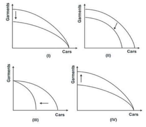 Refer to the graph below.   Which of the shifts explains what would happen to the production possibility curve if a cyclone destroys five major garment factories in the Philippines? A)  I B)  II C)  III D)  IV