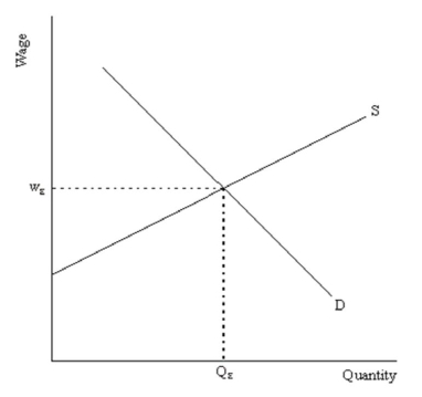 Consider the following labor supply and demand diagram:   For each of the following situations, explain (and illustrate) what would happen to the market for labor. (a) The firms who are employing these workers experience a big increase in the demand for their products. (b) Intel develops a new computer chip that is capable of doing the same work as two employees. Assume that workers and computers are substitutes in Intel's production function. (c) A newly elected U.S. president issues an executive order, restricting all immigration into the U.S.