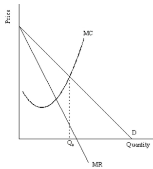 Consider the following diagram:   Explain why producing output level Q<sub>0</sub> is not the monopolist's profit-maximizing output level. How much output should the firm produce? Illustrate as Q<sub>1</sub> in the diagram below.