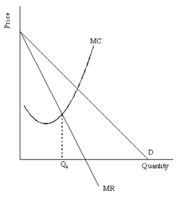 Consider the following diagram:   Demonstrate graphically and explain verbally why moving away from producing output level Q<sub>0</sub> will result in a decrease in profit for this monopolist.
