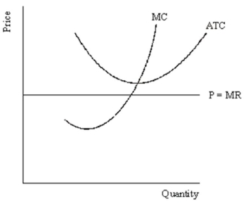 Consider the following diagram of a representative competitive firm:   Is this a long-run equilibrium situation? If yes, explain why it is. If no, explain what will happen to transform it into a long-run equilibrium situation.