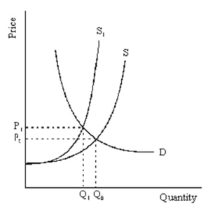 The diagram below illustrates a negative externality. S is the marginal private cost and S<sub>1</sub> is the marginal social cost.   Referencing this diagram, describe how a government can use direct regulation to eliminate the problem caused by the negative externality. What is a potential problem with this approach?
