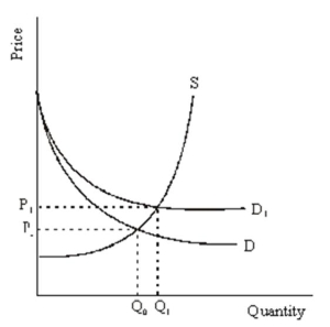 The diagram below illustrates a positive externality. D is the marginal private benefit and D<sub>1</sub> is the marginal social benefit.   Referencing this diagram describe how a government can use direct regulation to eliminate the problem caused by the positive externality. What is a potential problem with this approach?