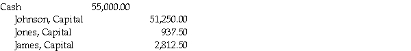   Total capital = $68,000 + $85,000 + $55,000 = $205,000 1/4 × $205,000 = $51,250 $55,000 - $51,250 = $3,750 bonus to old partners Jones = 1/4 × $3,750 = $937.50 James = 3/4 × $3,750 = $2,812.50