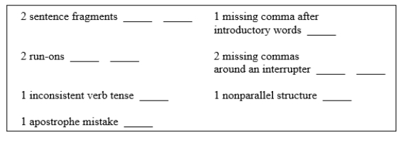 Locate and correct the ten sentence skills mistakes in the following passage. The mistakes are listed in the box below. As you locate mistakes, place checks in the spaces provided. Then make your corrections directly to the passage. Another field that seems to attract eccentric teachers is English. One of my high school English teachers Mr. Karlinsky used to carry a long wooden pointer around the room. When he spotted a student who was not paying attention. He would sneak up from behind and rap the pointer as hard as possible on the student's desk. The unexpected and earsplitting crack would cause the victims body to rise at least six inches from the desk chair. College has its share of strange English teachers as well, for example, one of my professors liked to draw on the board. Dr. Sandlin would stroll around the room, chalk in hand, waiting for the chance to draw something. Then she would spend thirty minutes of a fifty-minute class drawing Shakespeare's Globe Theater or a seventeenth-century sword. The oddest English teacher I have had was Mr. Shaw, who taught a drama course. Mr. Shaw loved the sound of his own voice, when we read a play, he would take all the parts. Standing behind the lectern Mr. Shaw would run through an entire play by himself. While the students either fell asleep, doing homework for other classes, or read magazines. Mr. Shaw was so happy to be acting he did not seem to mind. At the end of class, as we picked up our books and head out the door, Mr. Shaw could still be heard booming out the end of a scene from Hamlet or The Glass Menagerie.