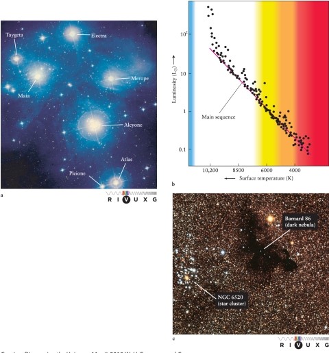 The distinct blue color of the nebulosity around stars in young clusters such as the Pleiades (see Figure 13-4 in the text)  is caused by   A)  atoms of gas emitting light by fluorescence, having been excited by ultraviolet radiation from hot stars. B)  light emitted by interstellar gases but Doppler-shifted by motion toward the observer. C)  starlight reflected by blue-colored interstellar material. D)  starlight scattered and reflected by small dust grains in the interstellar material.