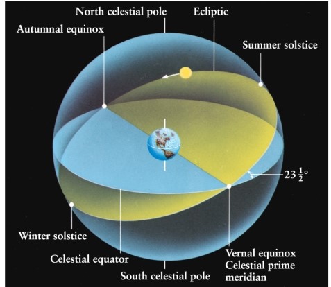 For an observer standing on the equator, which of these positions in the sky would pass directly over their head (i.e., through their zenith) ? See Figure 1-17.   A)  position of the Sun at summer solstice B)  ecliptic pole, or the perpendicular to the direction of the ecliptic plane C)  north celestial pole, or the perpendicular to the direction of the celestial equator D)  vernal equinox, or the zero point of right ascension on the celestial equator