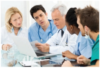A group of nurses are meeting as identified in the image below. Which behavior are the nurses demonstrating during this meeting?   A)  Privacy B)  Advocacy C)  Collaboration D)  Informed consent