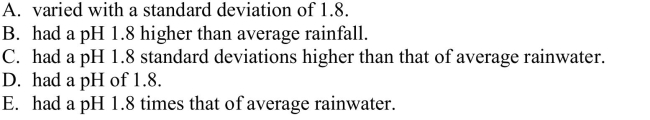 Suppose that a Normal model describes the acidity (pH) of rainwater, and that water tested after last week's storm had a z-score of 1.8.This means that the acidity of that rain …