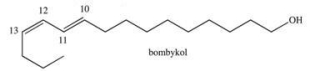 Bombykol is a pheromone secreted by the female silkworm moth to attract males.This compound contains two alkene double bonds.Which of the following correctly describes the geometry around each?   A) The double bond at C10 is cis and the double bond at C12 is trans. B) The double bonds at C10 and C12 are both cis. C) The double bonds at C10 and C12 are both trans. D) The double bond at C10 is trans and the double bond at C12 is cis. E) It is impossible to tell from the line formula alone.