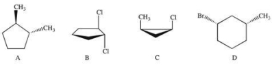 Which compound(s)  below contain substituents that are trans?   A) A B) B C) C D) D E) A and B