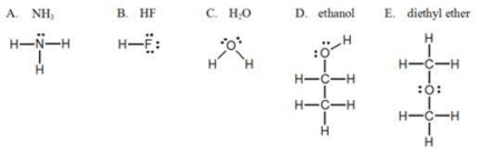 Which one of the following substances, with their structures shown, will NOT display hydrogen bonding?   A) A B) B C) C D) D E) E
